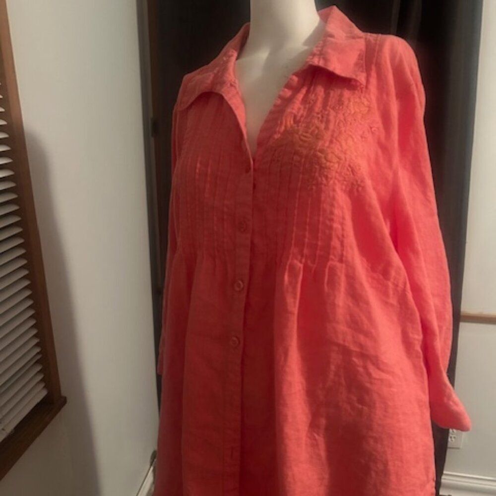 Carroll Reed Women Coral Salmon Pin tuck button front shirt, size 3X